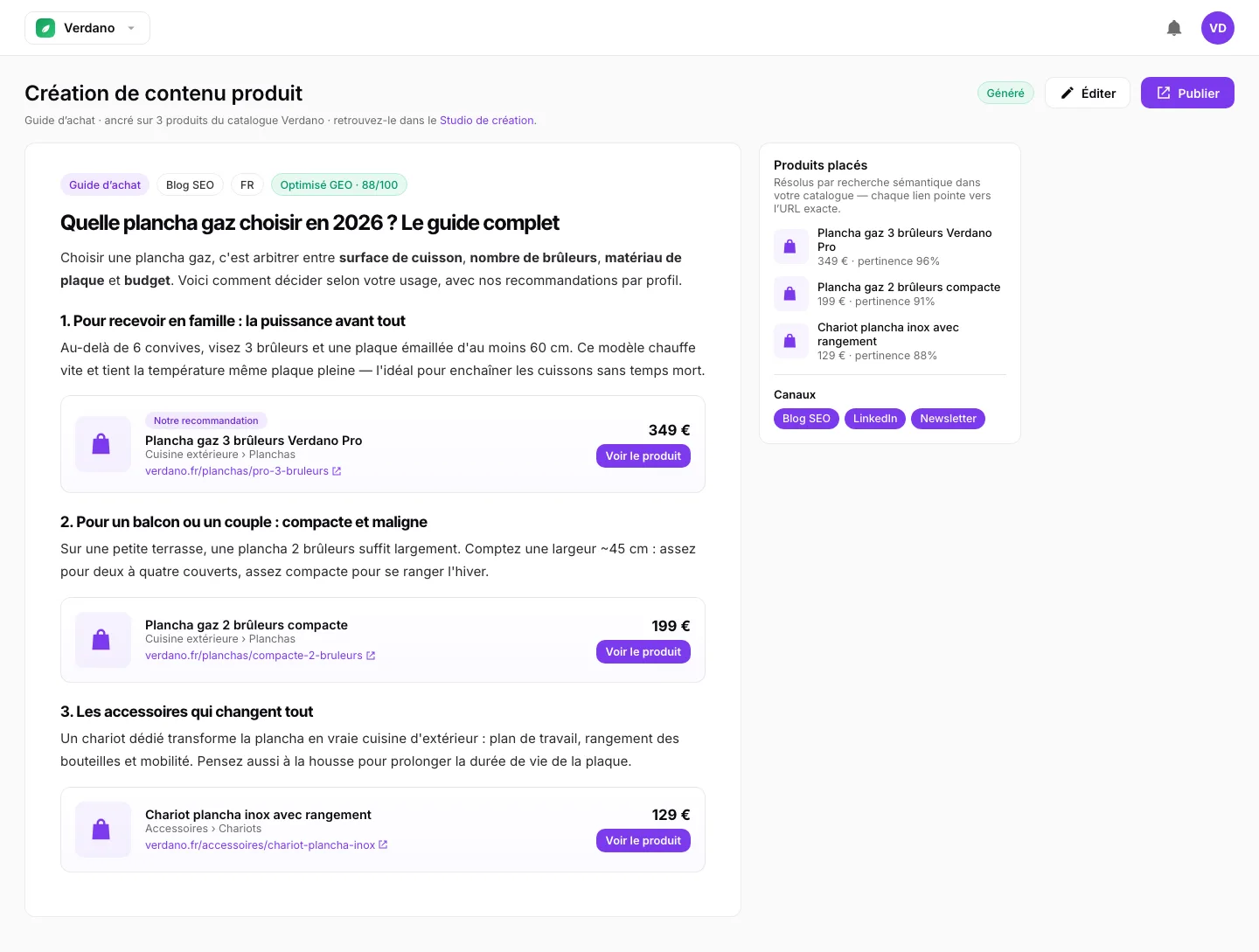Generated article with product placement, buying guide with product cards inserted into the text